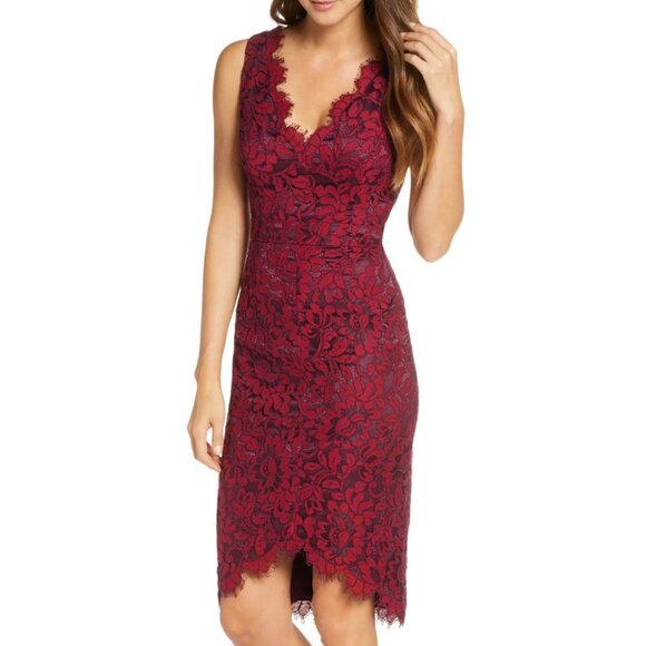 Eliza J Tulip Hem Lace Cocktail Dress Burgundy 4 - Picture 2 of 11